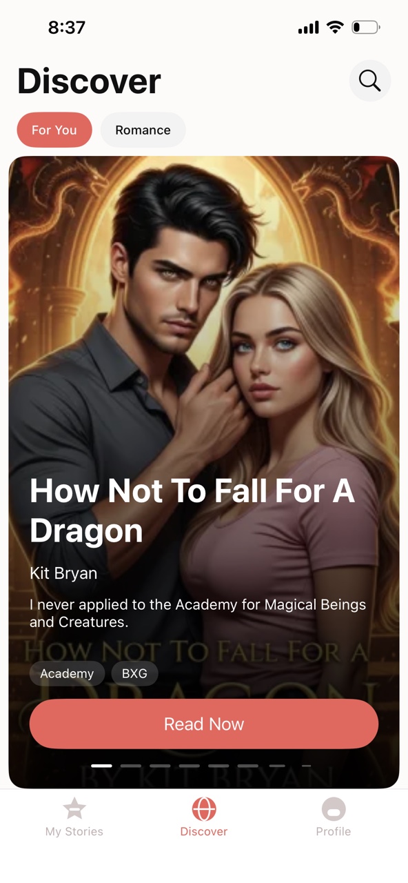NovelDash Discover screen with featured stories
