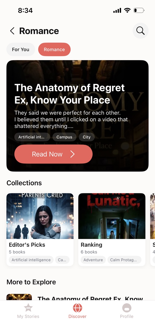 NovelDash Romance screen with collections and recommendations